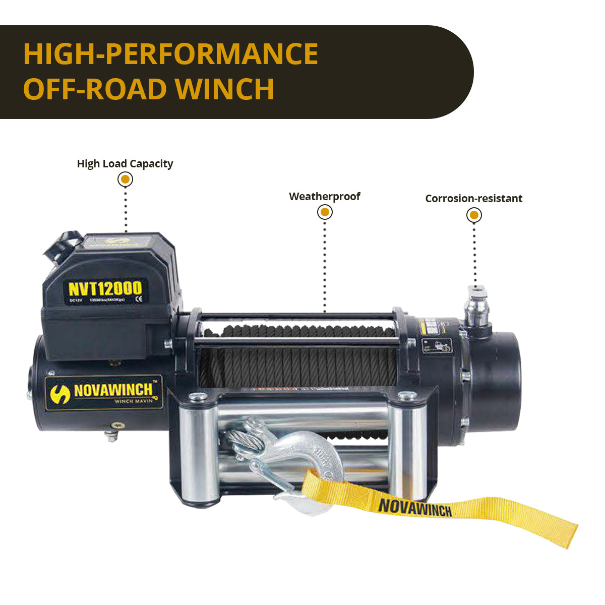 NNEDPE 12000LBS 12V Electric Winch Synthetic Rope Off Road 4x4 Truck